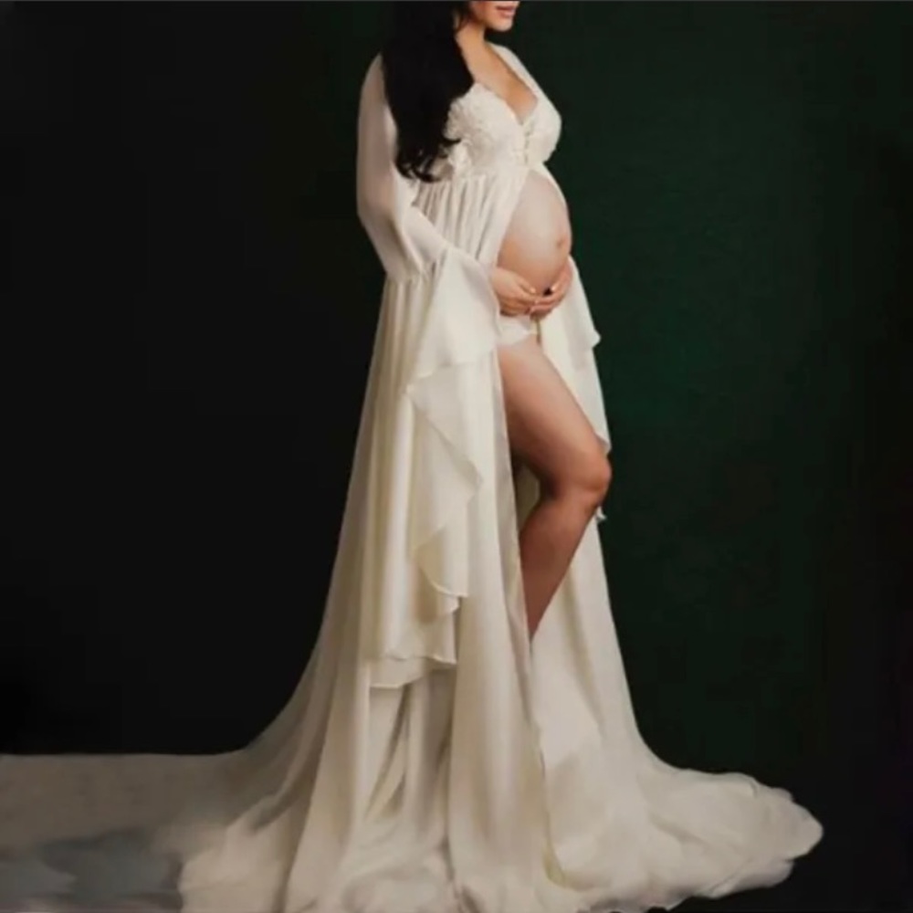 Maternity Sexy Deep V Lace Panel Irregular Ruffle Photoshoot Dress